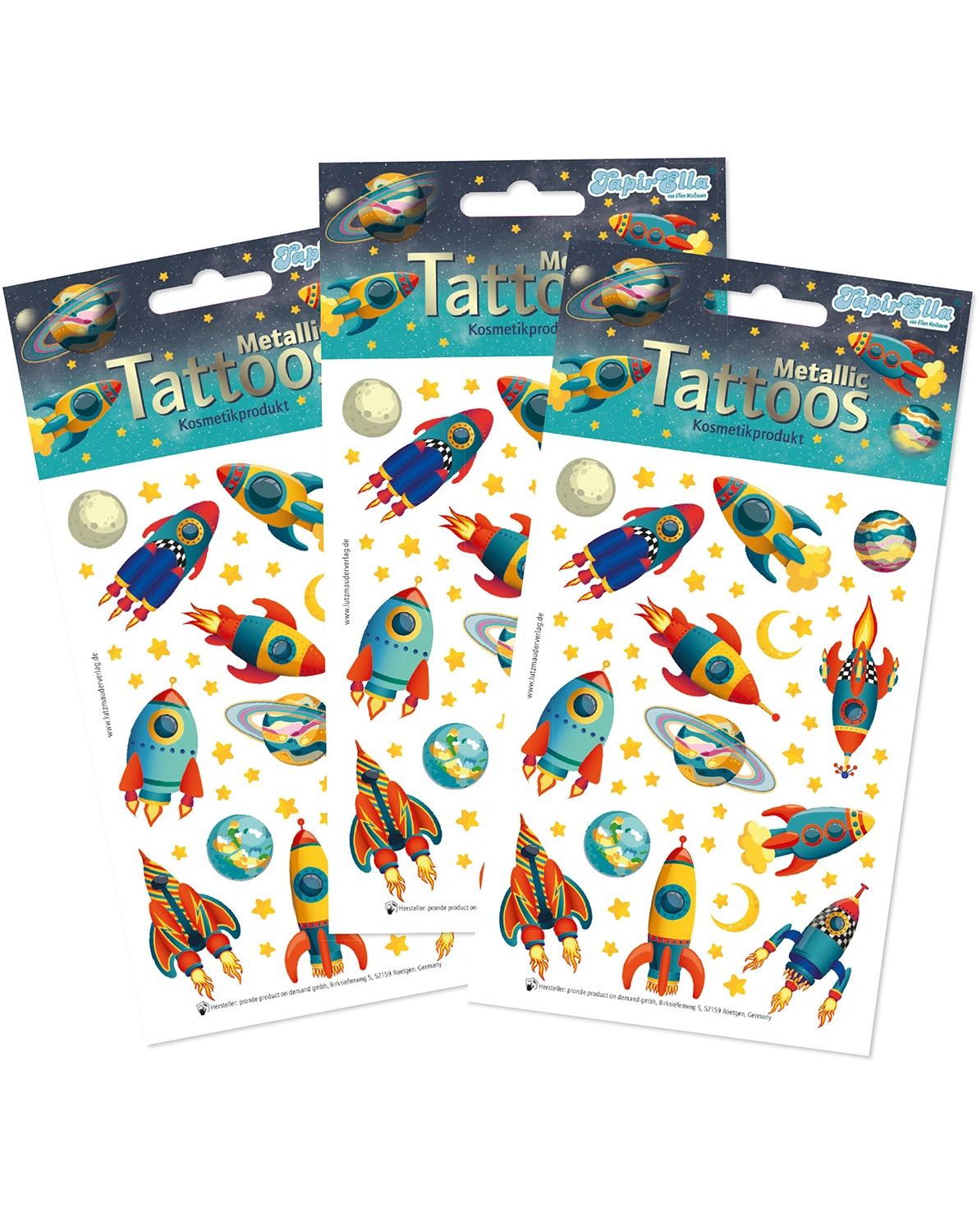 Klebetattoo-Bogen TAPIRELLA - METALLIC RAKETE (A6) 3er Set