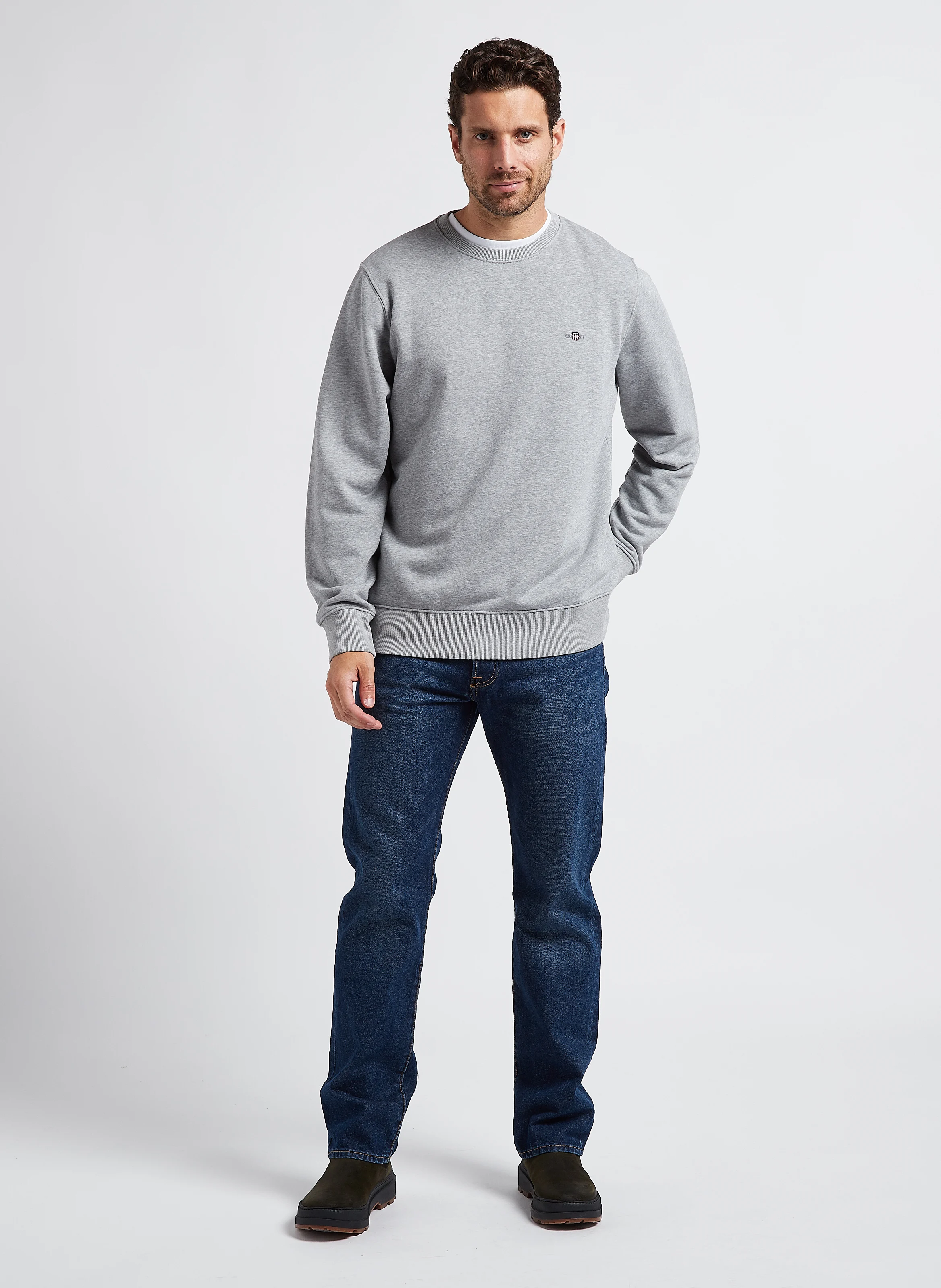 Sweatshirt col rond en coton mélangé| Gris