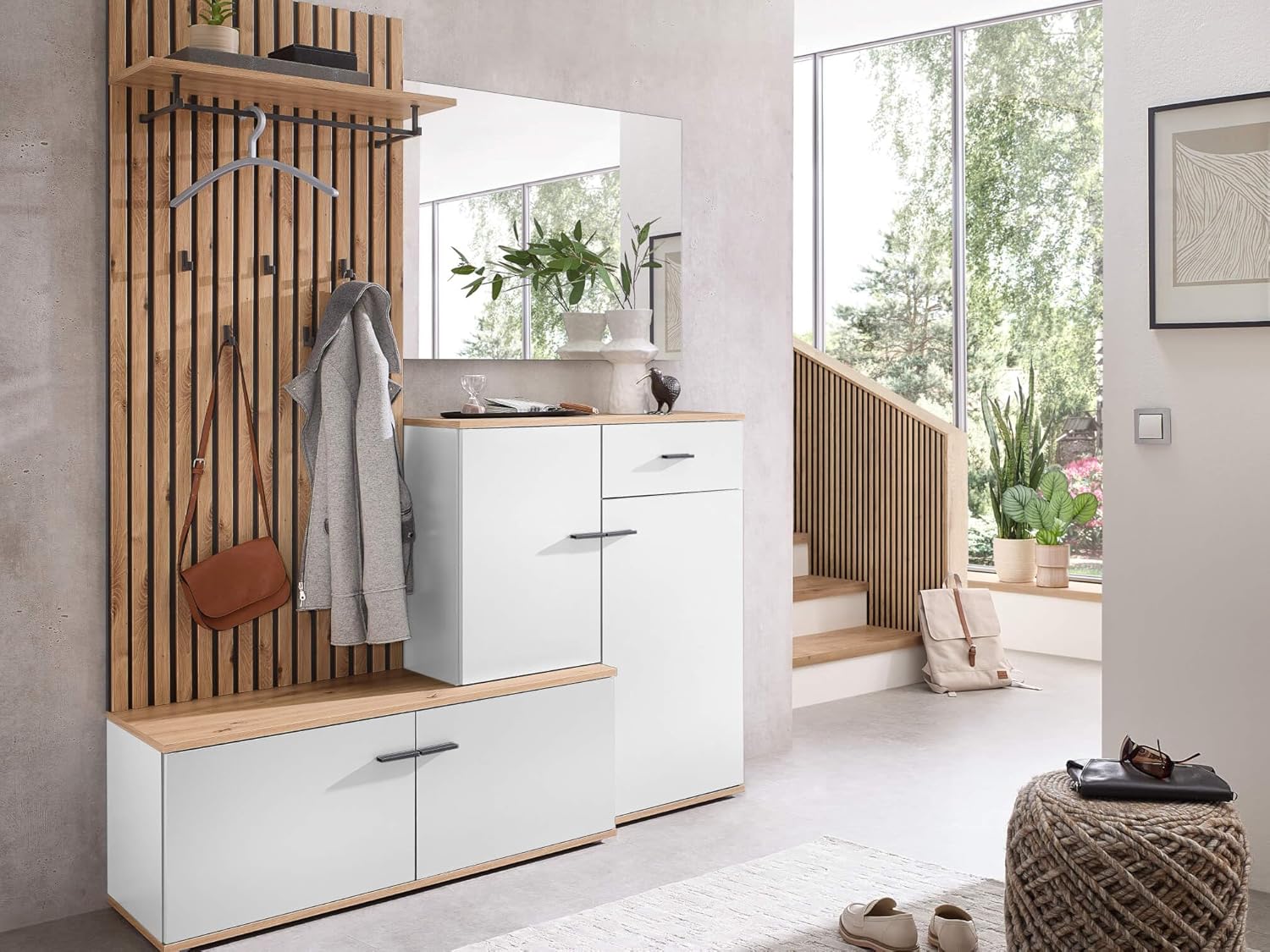 moebel-dich-auf Garderoben-Set Como Flurgarderobe Wandgarderobe Paneel + Schuhschrank + Spiegel (weiß/Artisan Eiche Nb., Garderobe)