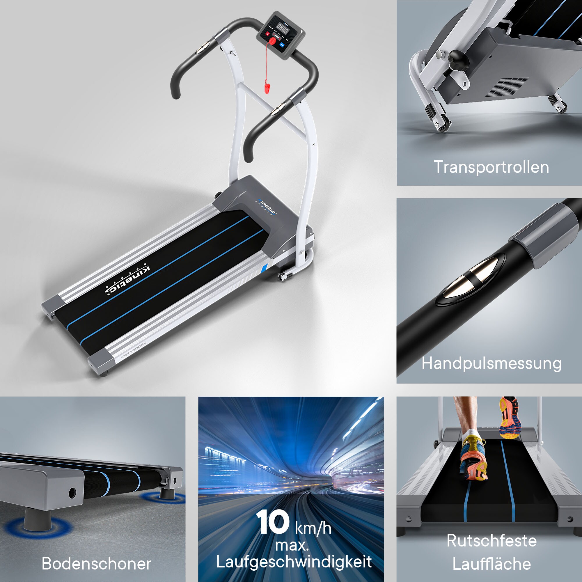 KINETIC SPORTS Laufband klappbar KST1600 mit 600 Watt Elektromotor, Trainingscomputer, Geh- und Lauftraining, stufenlos einstellbar bis 10 km/h, kompakt verstaubar