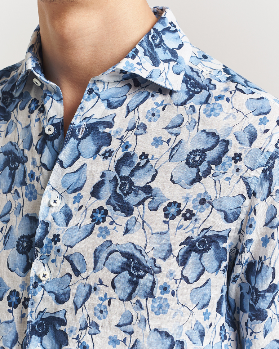 Stenströms Fitted Body Flower Printed Linen Shirt Blue