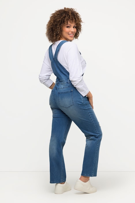 Jeans-Latzhose, ausgestelltes Bein, Destroy-Effekt