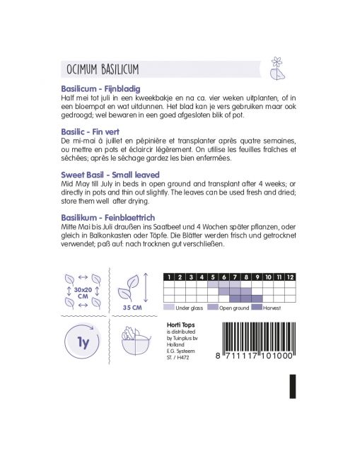 Hortitops Basilicum Fijnbladig - Kruidenzaden - 1.5 g