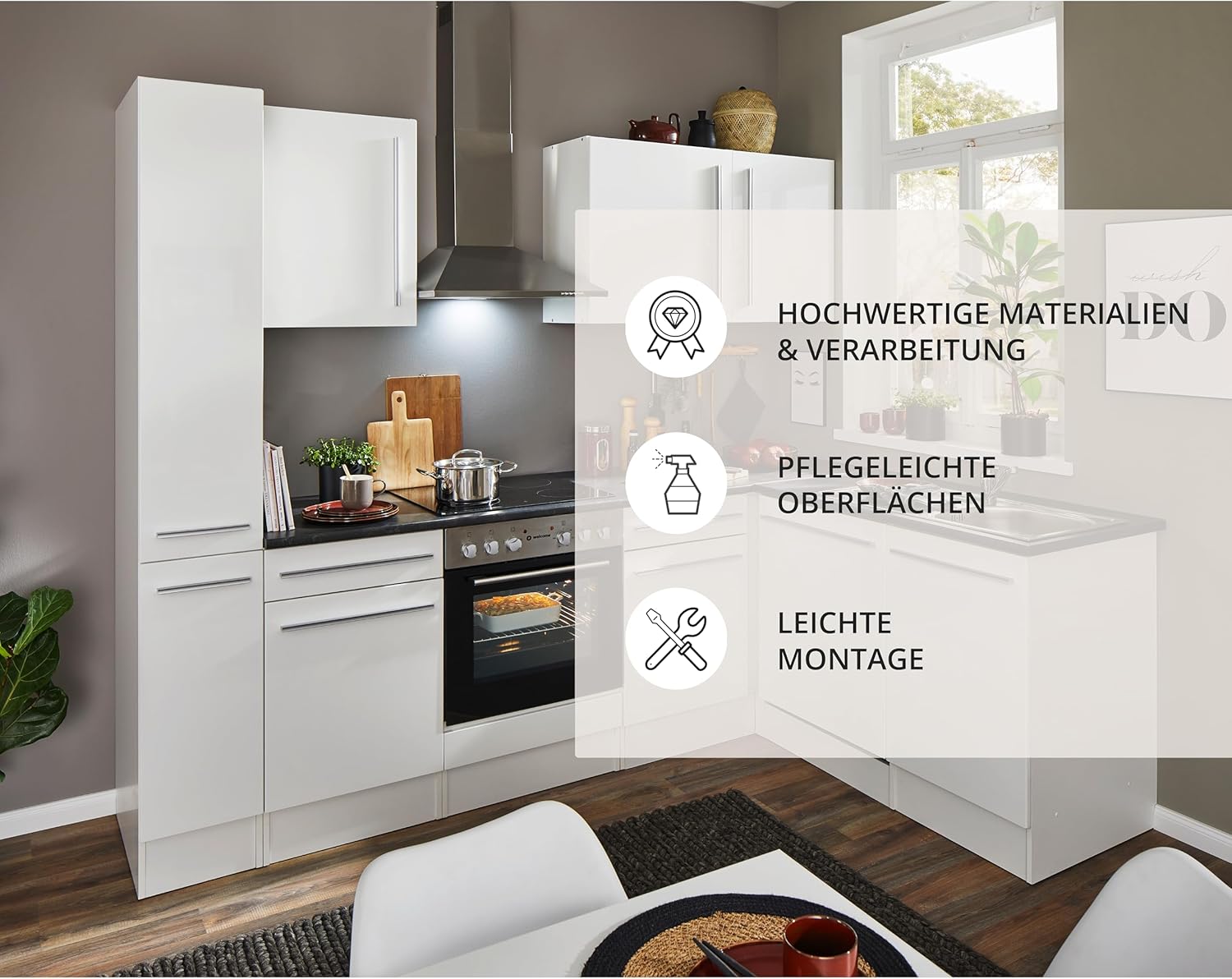 Stella Trading Jazz 8 Moderne Eckküche mit Elektrogeräten in Weiß Hochglanz, Metallic Grau - Geräumige Küchenzeile in L-Form mit viel Stauraum - 250 x 211 x 60 cm (B/H/T)