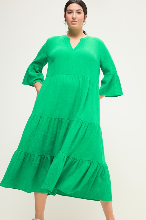 Maxikleid, A-Line, Musselin, Stehkragen, Volants, 3/4-Ärmel