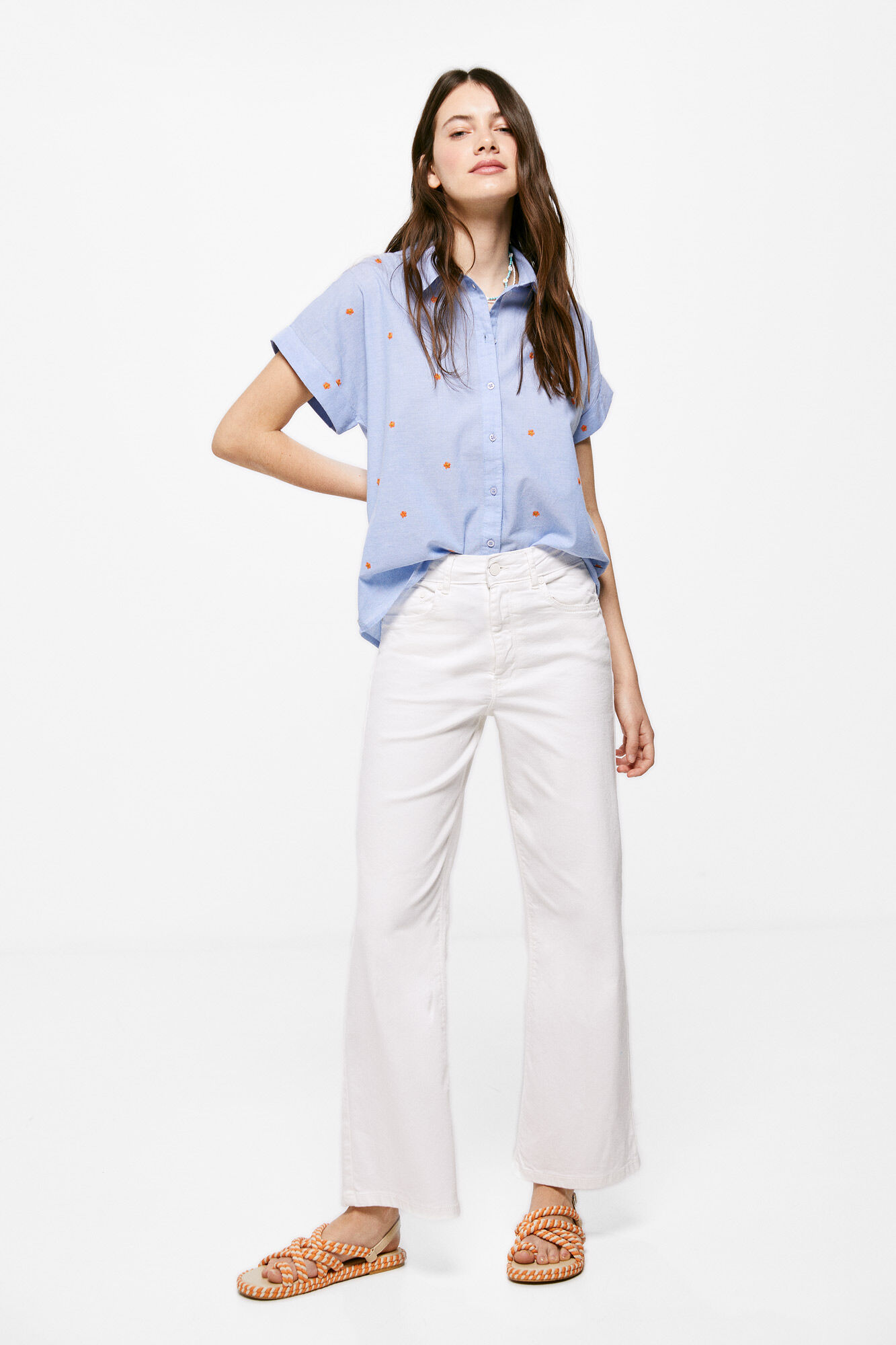 Blusa de algodão chambray bordada - Azul médio