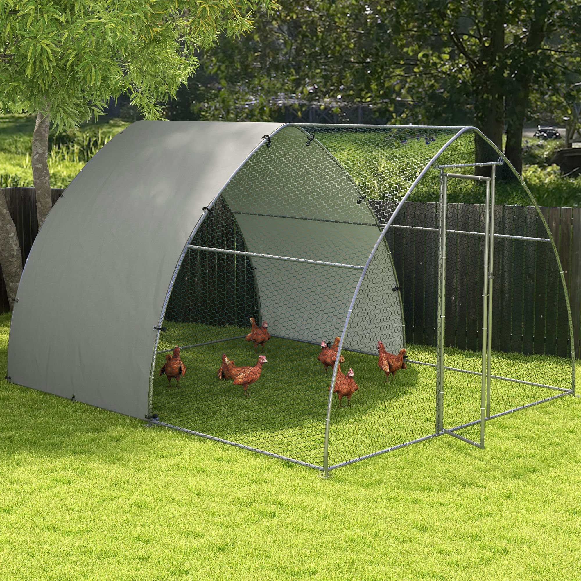 Galinheiro externo PawHut 304x375x220 cm em aço galvanizado com cobertura em tecido Oxford resistente a raios UV e à prova d'água para pátio, cor prata.