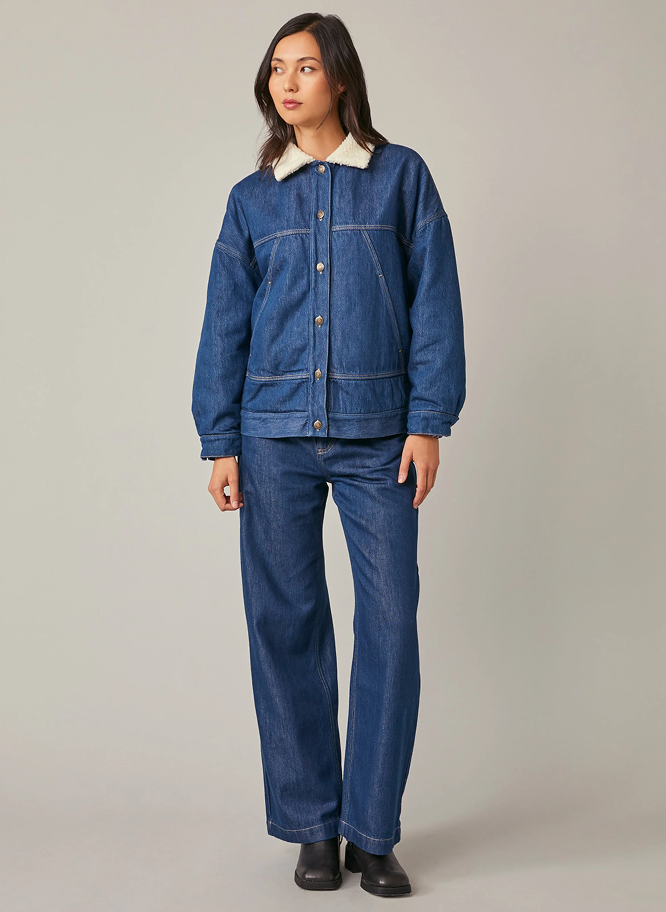 FELICITY - Veste en jean ample col classique en coton mélangé | Bleu