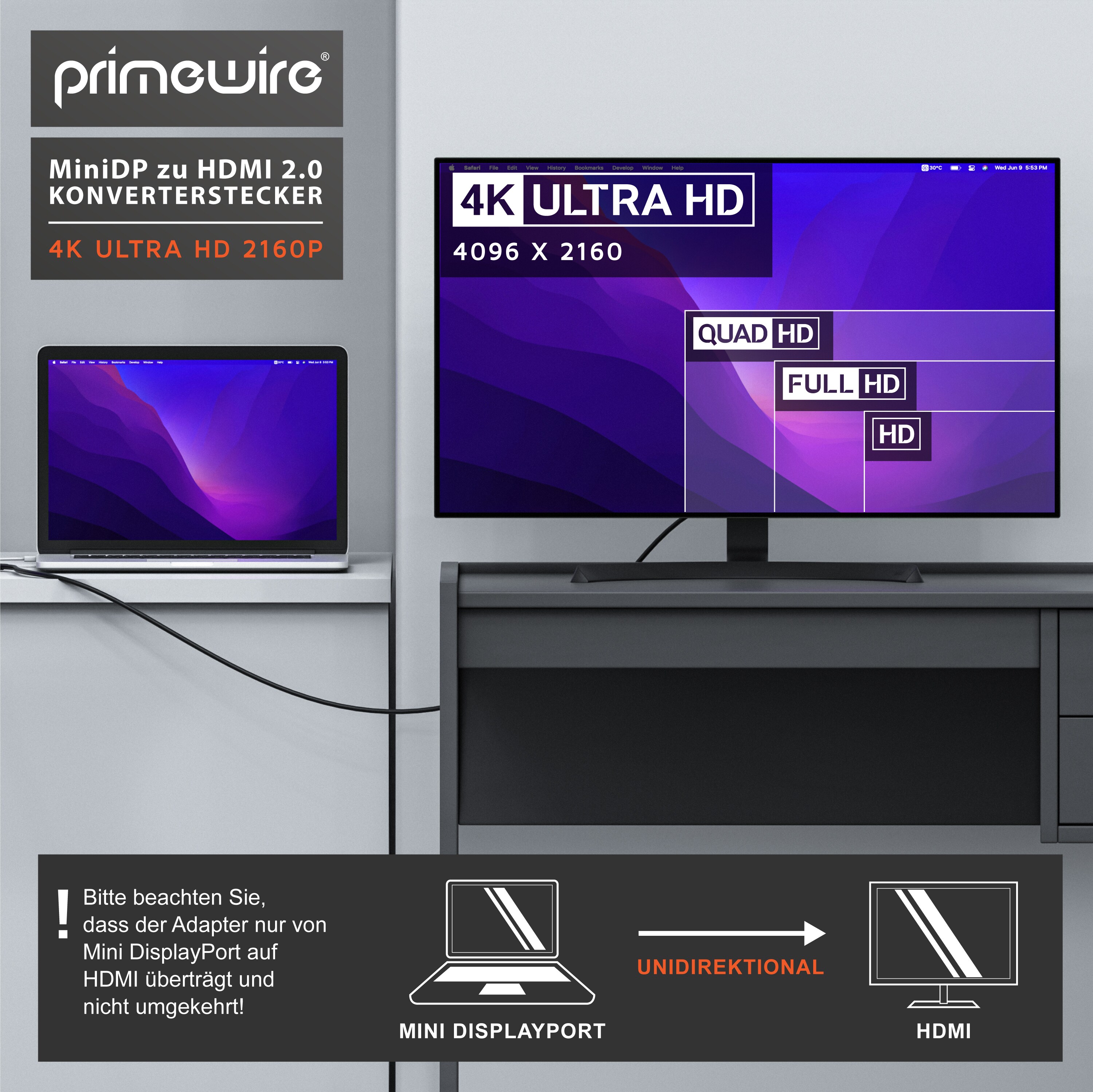 Primewire Mini DisplayPort zu HDMI Adapter, Ultra HD 4k MiniDP zu HDMI Buchse Monitor Konverter, Adapterkabel