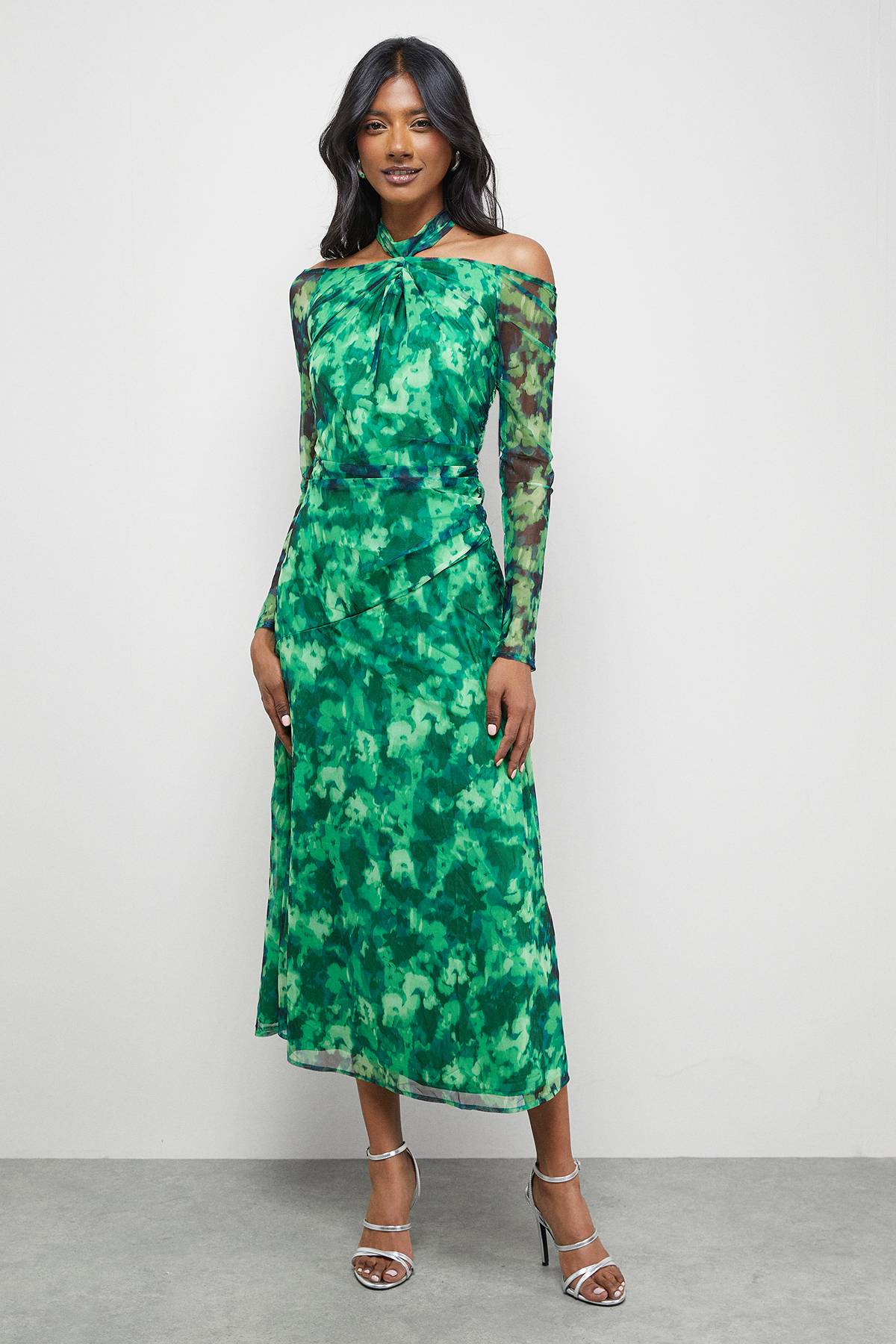 Warehouse Robe Midi en Maille Imprimée à Détail Torsadé