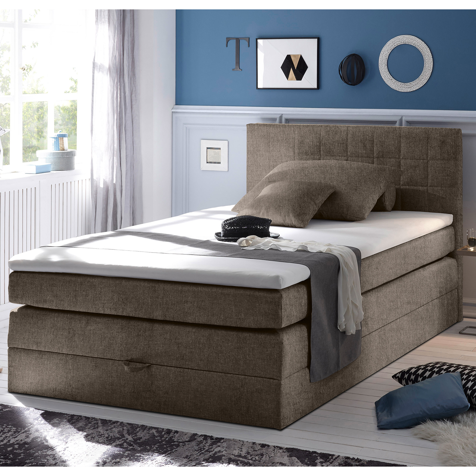 Boxspringbett - stone - H2 - Webstoff - 140x200 cm