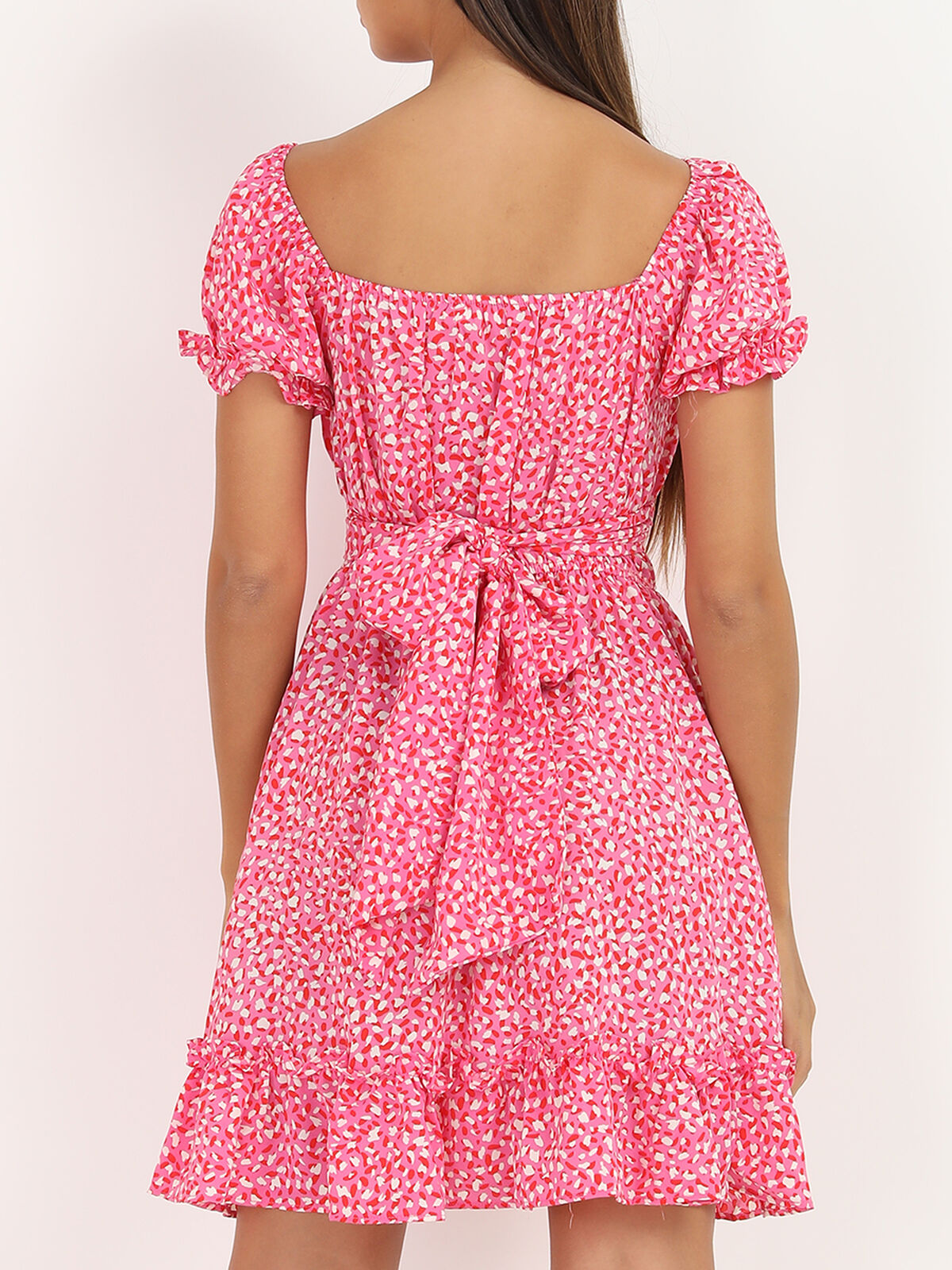 Robe tachetée à col bardot- Fuchsia
