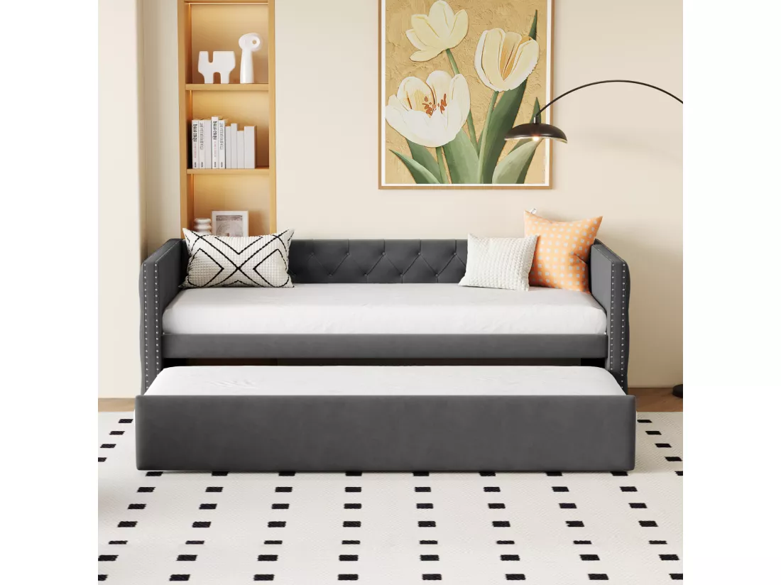 Lit gigogne rembourré en velours - 90/180x200 cm - avec sommier à lattes - Gris