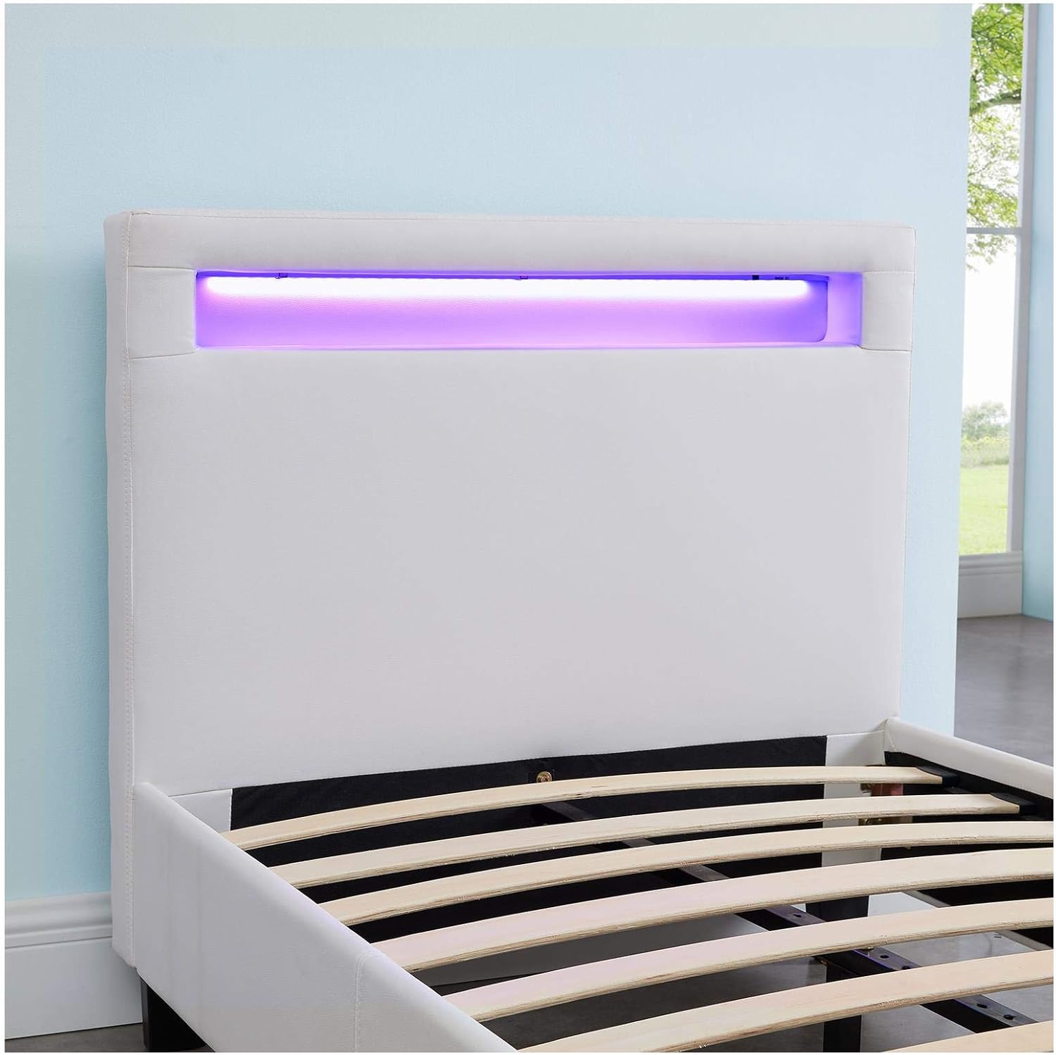 CARO-Möbel Polsterbett Mandalay mit LED Beleuchtung Einzelbett Lederbett 90 x 200 cm mit Lattenrahmen, Lederimitat in weiß