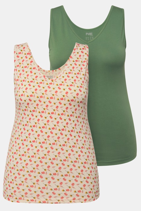 Tanktops, 2er-Pack, Blüten/einfarbig, V-Ausschnitt, ärmellos