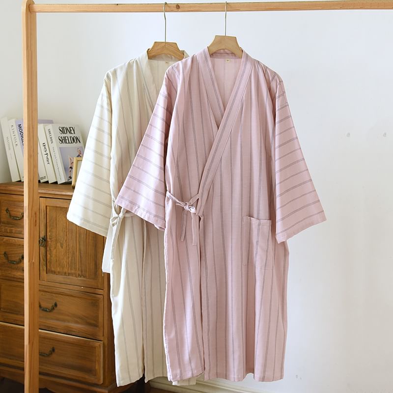 Somnus - Matching V-hals gestreepte jurk met knoopsluiting (verschillende ontwerpen)