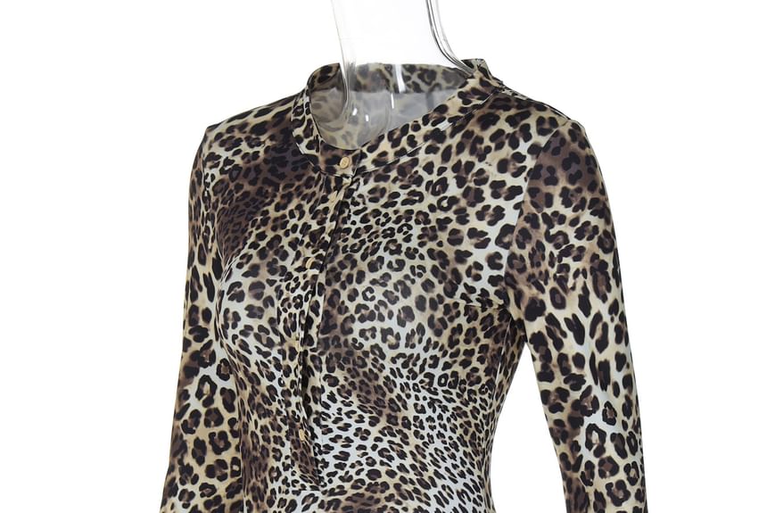 Sheparon - Henley romper met lange mouwen en luipaardprint en slanke pasvorm