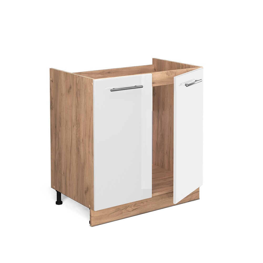 Vicco Spülenunterschrank Küchenschrank Küchenmöbel Fame-Line Eiche Weiß modern 80 cm Küche Einbauküche Drehtür Siphonausschnitt Blende Küchenzeile Hochglanz