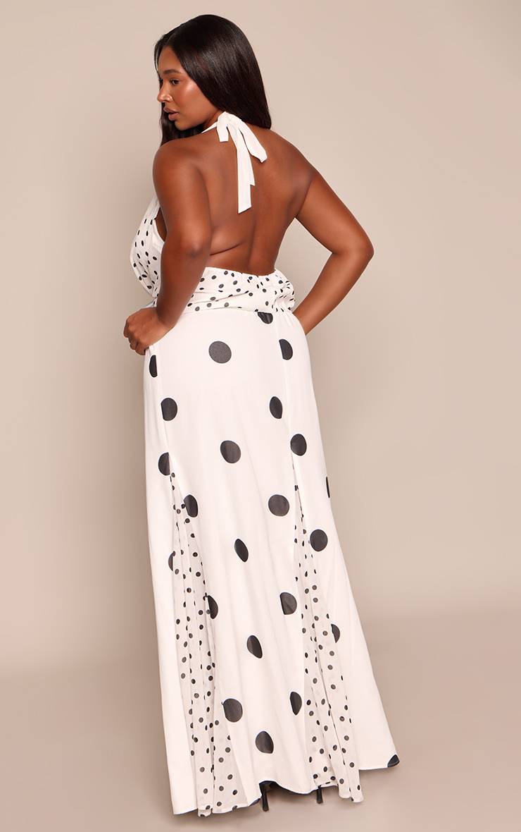 Blanc Robe Longue Satinée Grande Taille À Pois Contrastés Et Encolure Américaine
