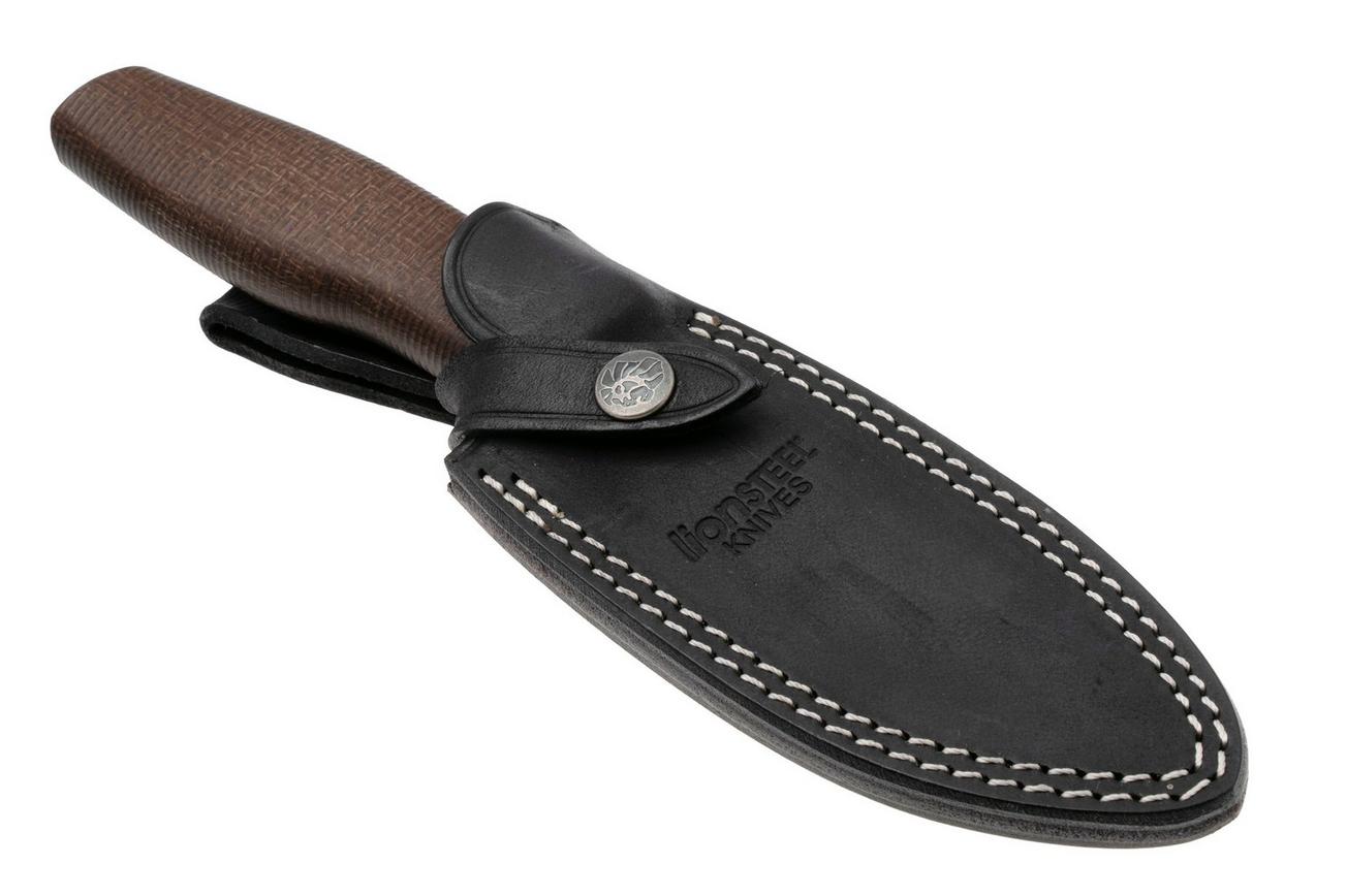 LionSteel Acha AH B BLN Blackwashed M390, Natural Burlap Micarta, Black Titanium Guard, vaststaand mes