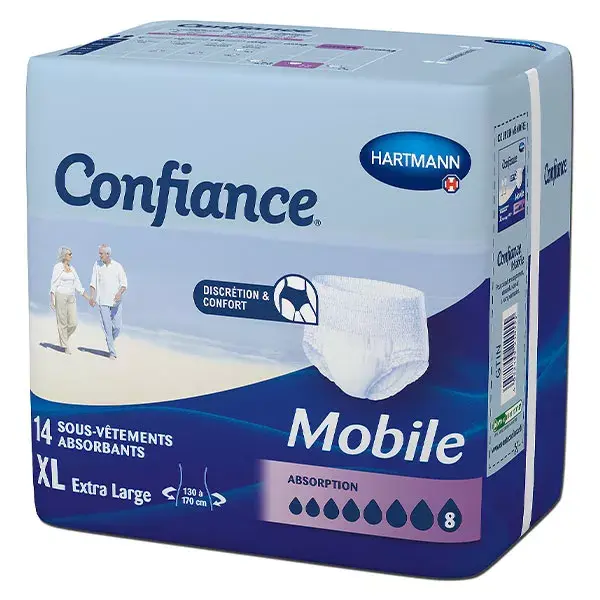 Roupa íntima Hartmann Confidence Mobile com absorção de 8 gotas, tamanho XL, pacote com 14 unidades.