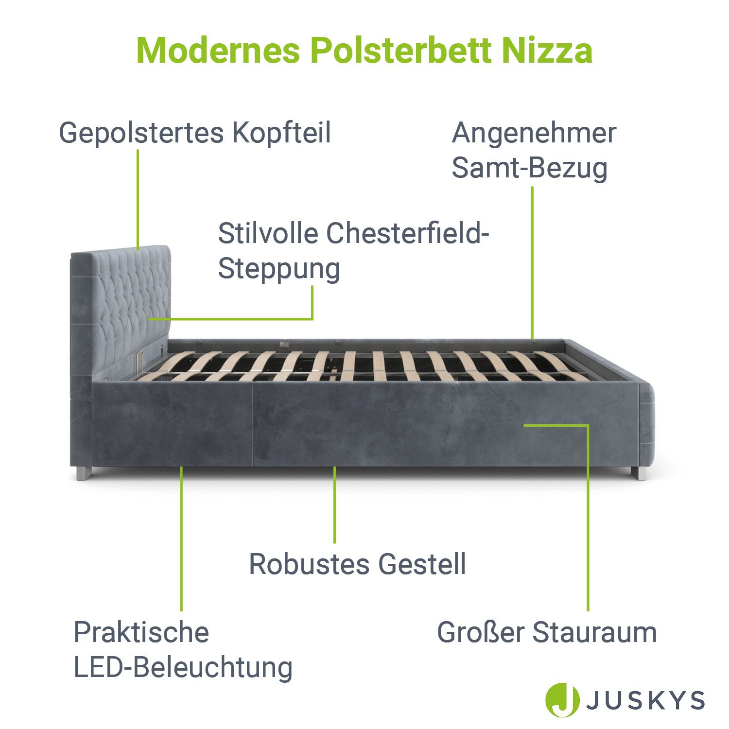 Juskys Polsterbett Nizza 120x200 cm – Matratze, Stauraum & LEDs - Samtbezug mit Steppung - Grau