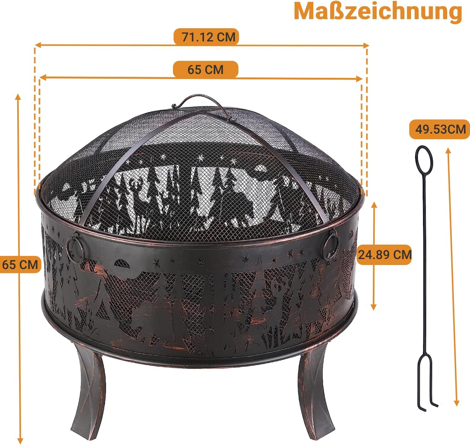 TLGREEN Feuerschalen, Feuerschale mit Funkenschutz, Feuerschale Garten Ø71x65cm, inkl. Poker & Kohlerost & 4 PCS Füße, Feuerkorb Retro-Look, Feuerstelle für Garten Camping Strand-Exquisites Elchmuster