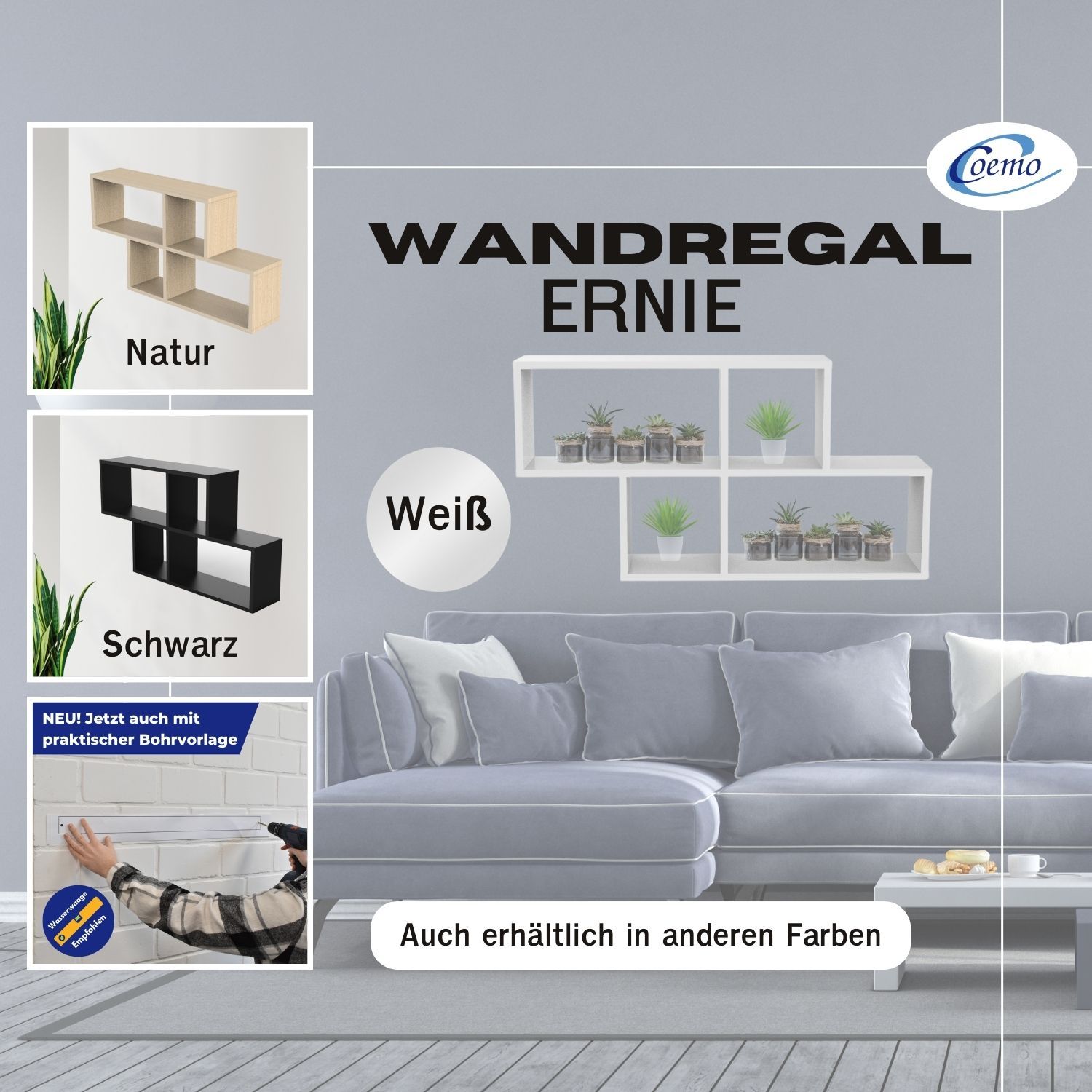 Coemo Wandregal Ernie Weiß 100x20x53cm Holz MDF 4 Fächer