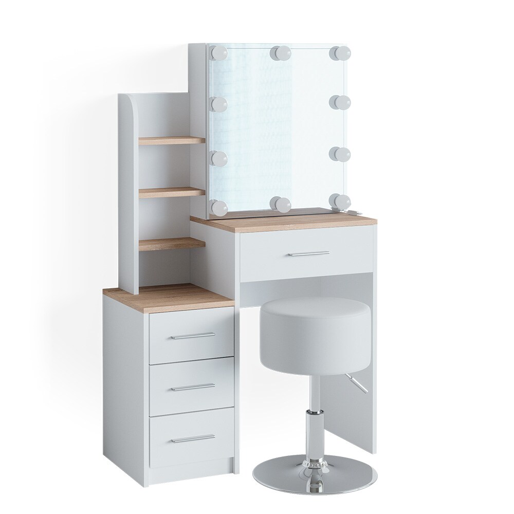 Vicco Schminktisch Frisiertisch Kosmetiktisch Conrada Weiß Sonoma Schminkspiegel 80x132 modern Hocker LED Beleuchtung Schlafzimmerkommode Schminkkommode Schublade Spiegelschrank Frisierkommode Make-Up-Tisch