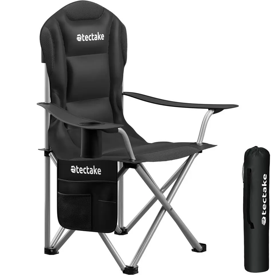 tectake - Gestoffeerde campingstoel MTX, opvouwbaar, met bekerhouder, Zwart