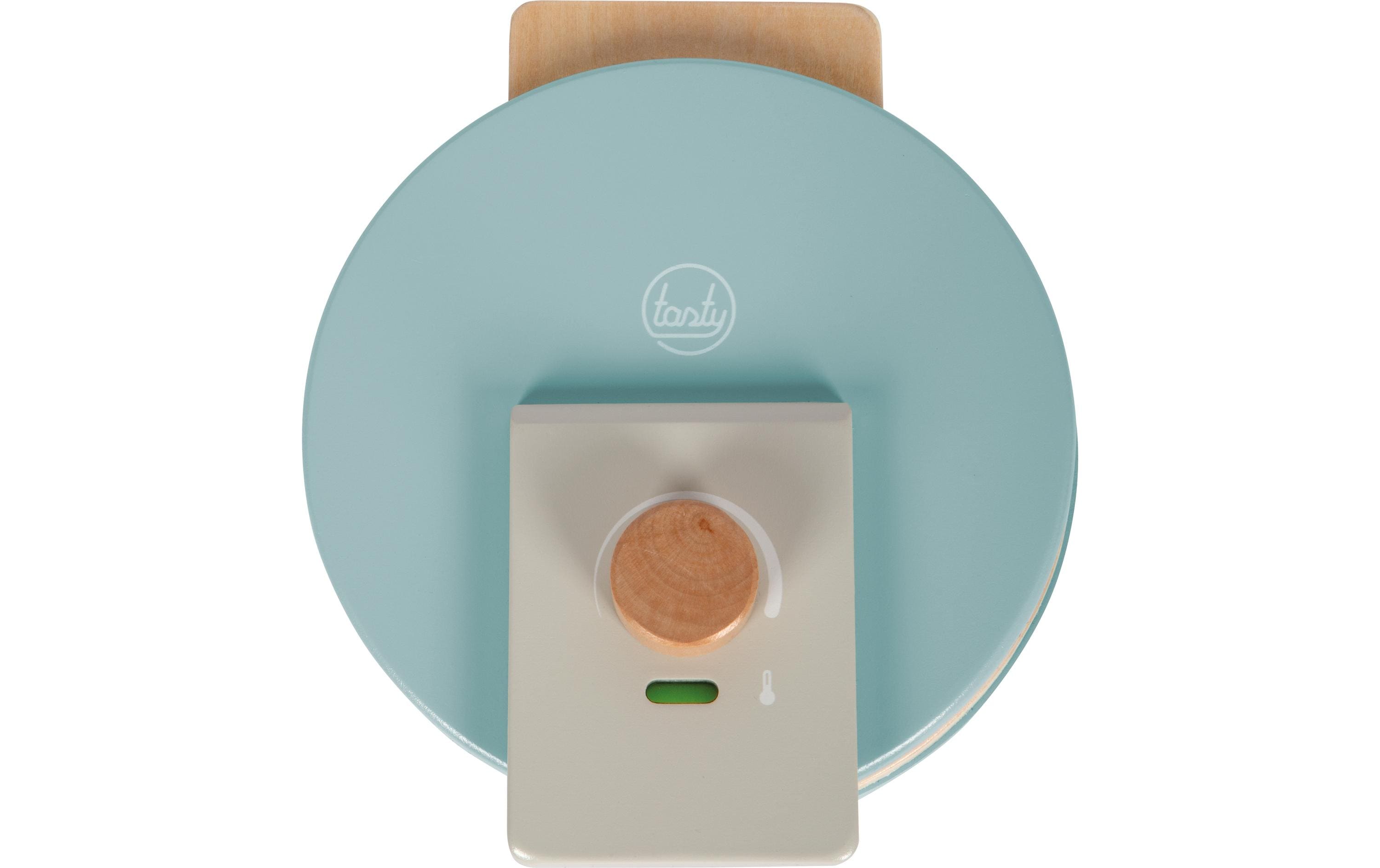 Waffeleisen-Set tastyWaffeleisen-Set in hellem Rauchblau und mit viel naturbelassenem Holz