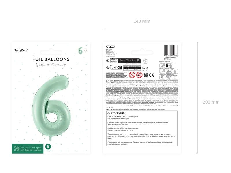 6 Jaar Cijfer Ballon Mintgroen Leeg 72cm