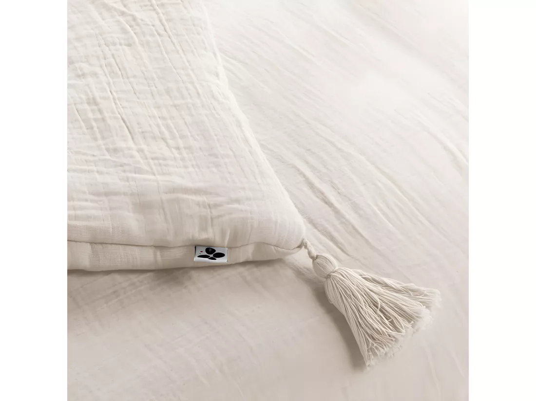 Édredon 90 x 200 cm en gaze de coton écru avec 4 pompons - PEPA