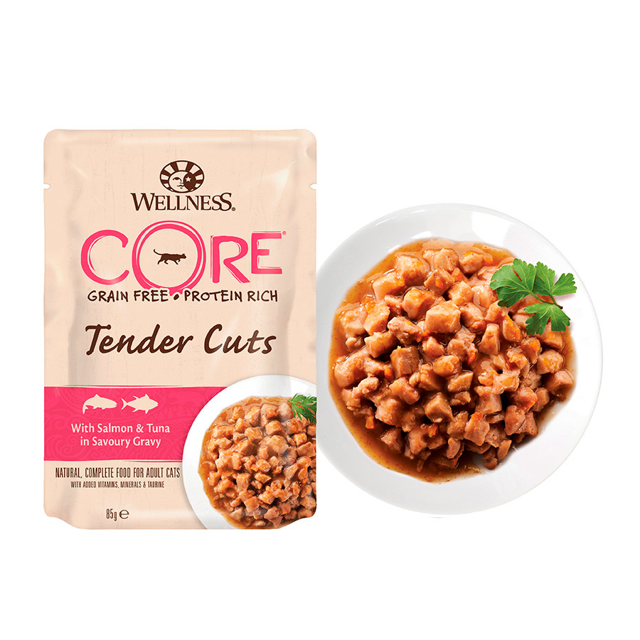 Sachê de 85g de Wellness Core Tender Cuts com salmão e atum em molho para gatos