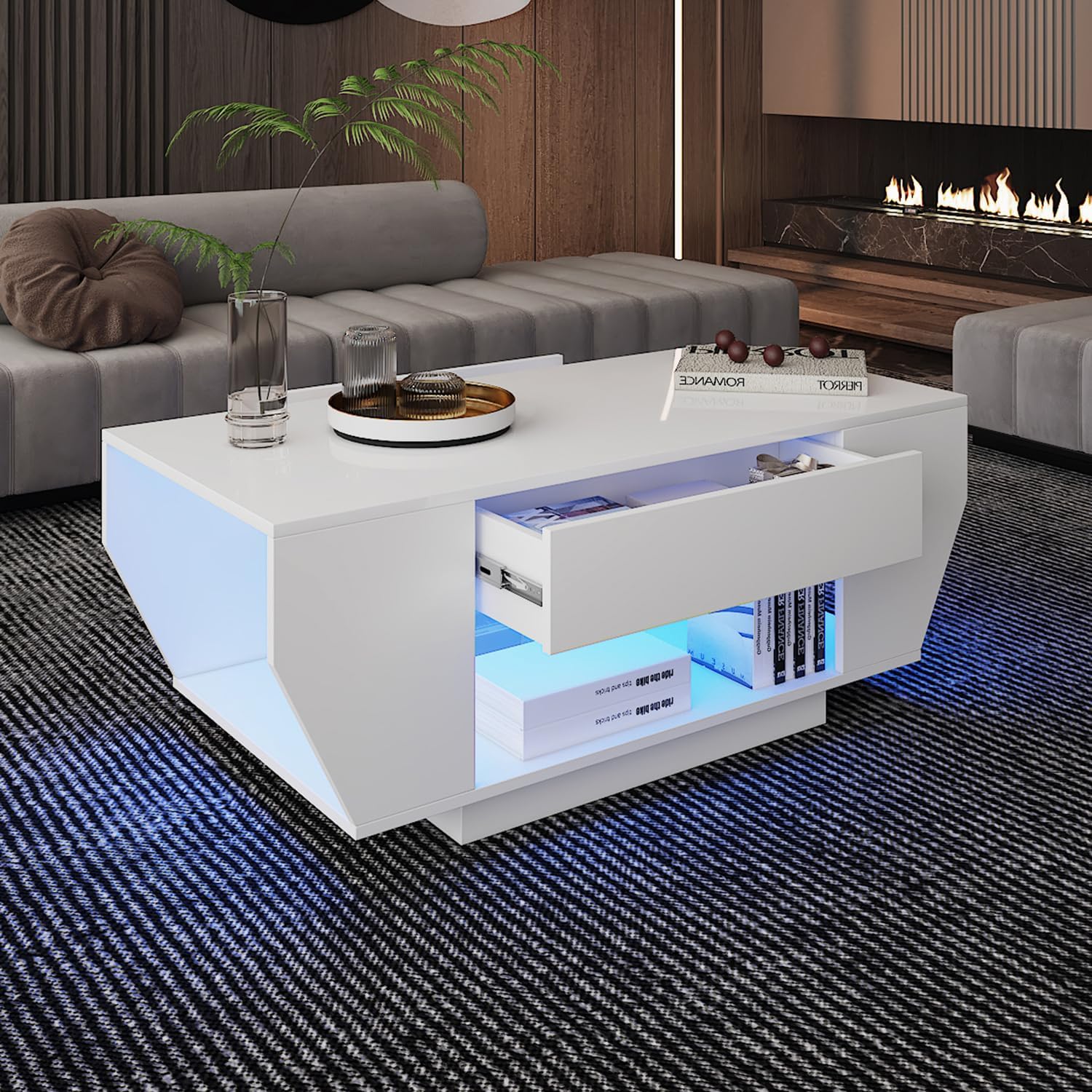 Couchtisch LED, Wohnzimmertisch mit 2 Schubladen für Wohnzimmer Hochglanz 106 x 50 x 41cm (Weiß)