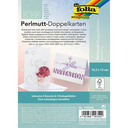 Folia Perlmutt Doppelkarten, ca. 10,5 x 15 cm, 250 g/qm, 5er Set, weiß