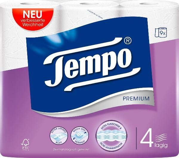 TEMPO Toilettenpapier Premium<br>9 Stück, weiss 4lagig 120 Blatt