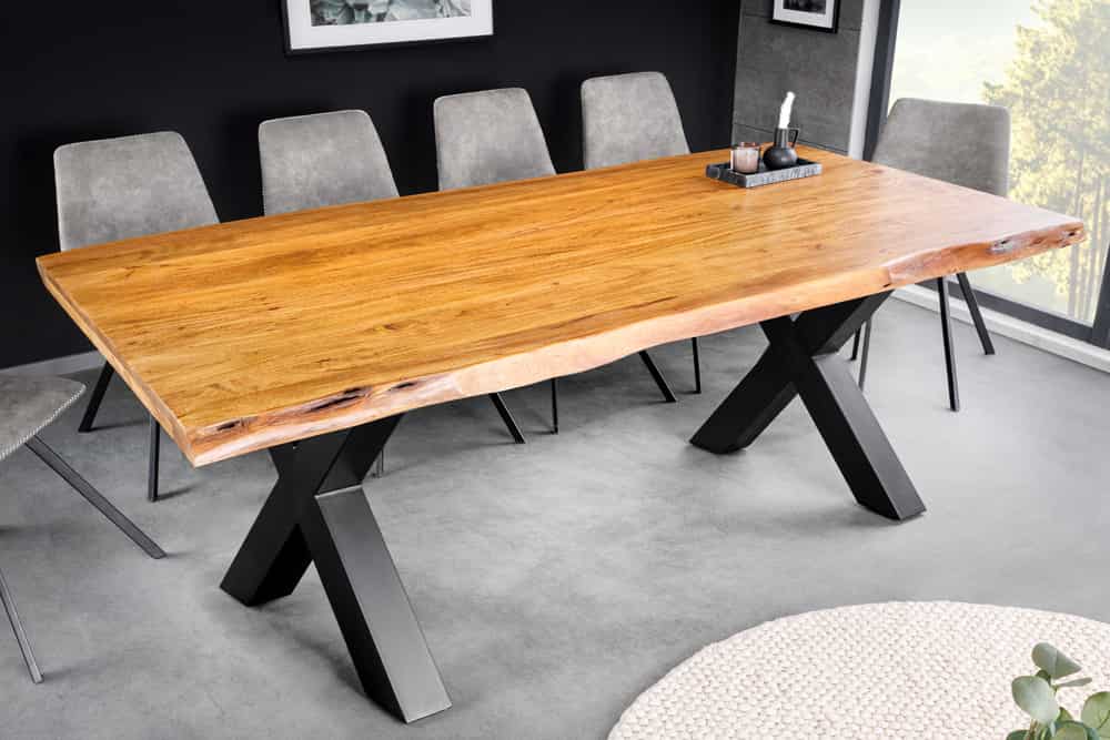 Massivholz Esstisch MAMMUT 200cm Akazie X-Gestell schwarz Metall Baumkante 5cm Tischplatte