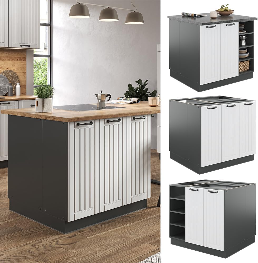 Vicco Kücheninsel Fame-Line, Weiß Landhaus/Anthrazit/Anthrazit, 90 cm ohne Arbeitsplatte