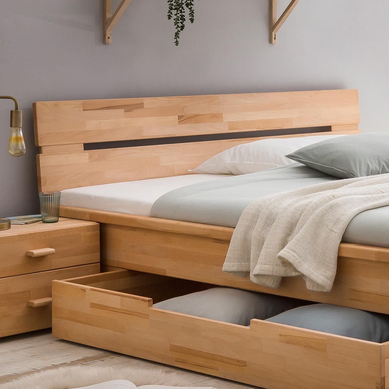 Tamira Massivholzbett Doppelbett 140x200 cm Kernbuche geölt mit Schubladen Stauraum Natur Komforthöhe Parkettverleimt, Belastbarkeit: 160 kg, Bettgestell