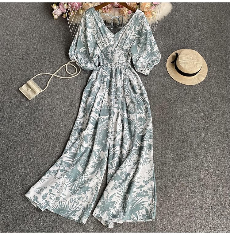Dudu - Jumpsuit met korte mouwen, V-hals, print en wijde pijpen