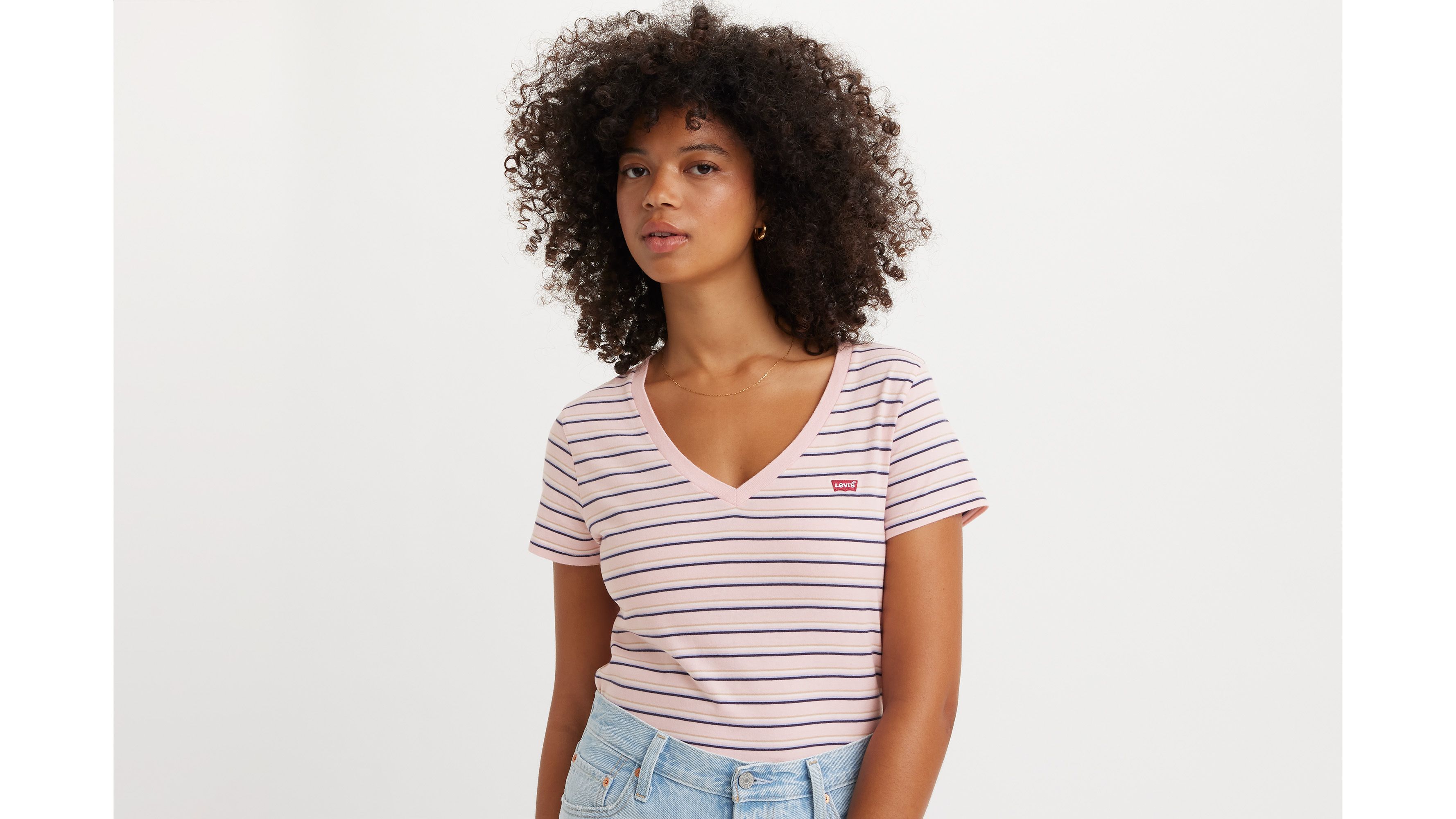 T-shirt Perfect à col V - Cool Stripe Chalk Pink - Rose