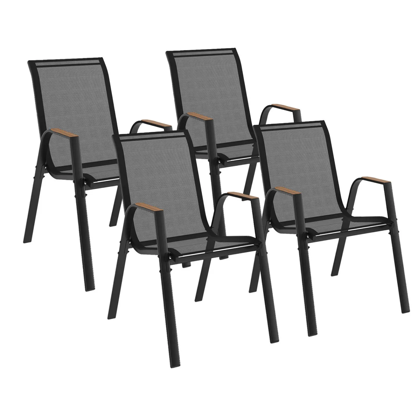 Lot de 4 chaises de jardin NOUMEA métal et textilène empilables noir et bois