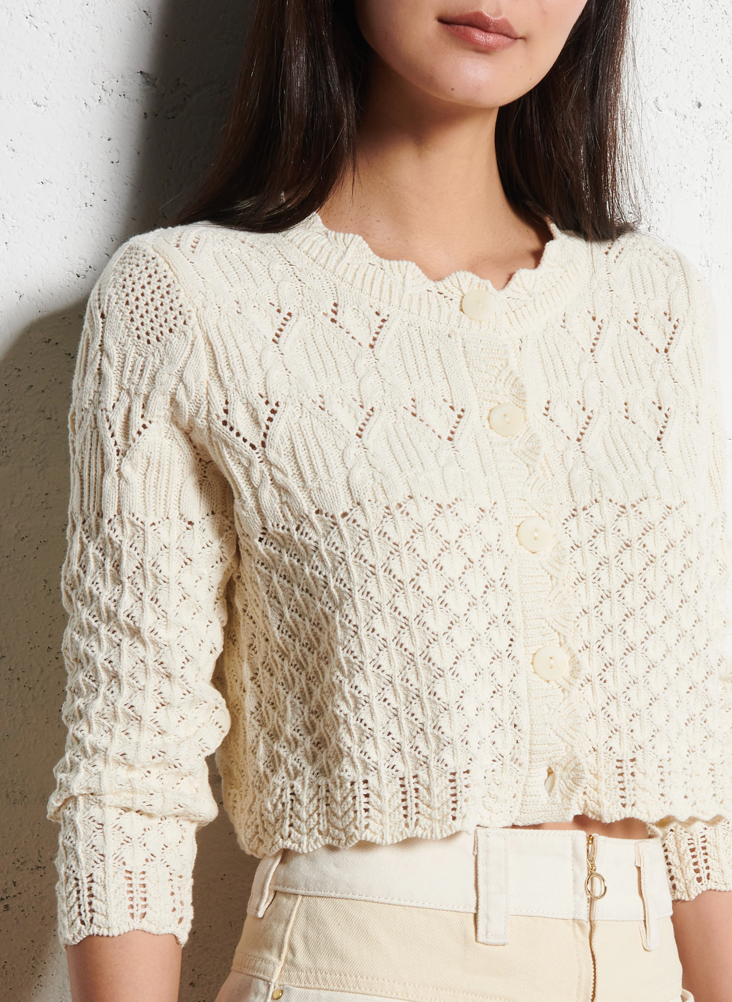 JUMP - Cardigan col rond à broderies ajourées en coton | Beige