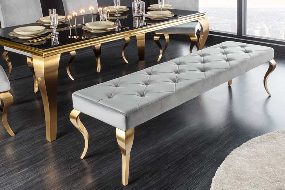 Design Sitzbank MODERN BAROCK 175cm grau Samt gold Edelstahl