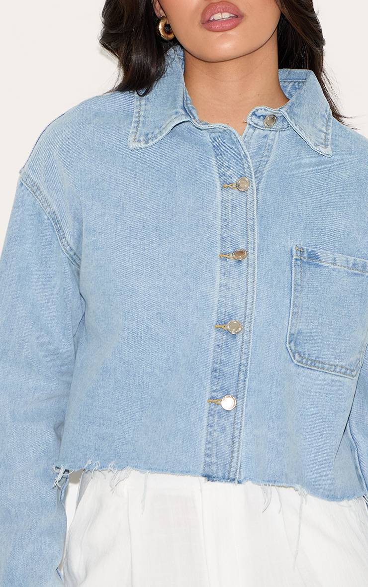Light Blue Wash Chemise En Denim Raccourcie À Ourlet Brut