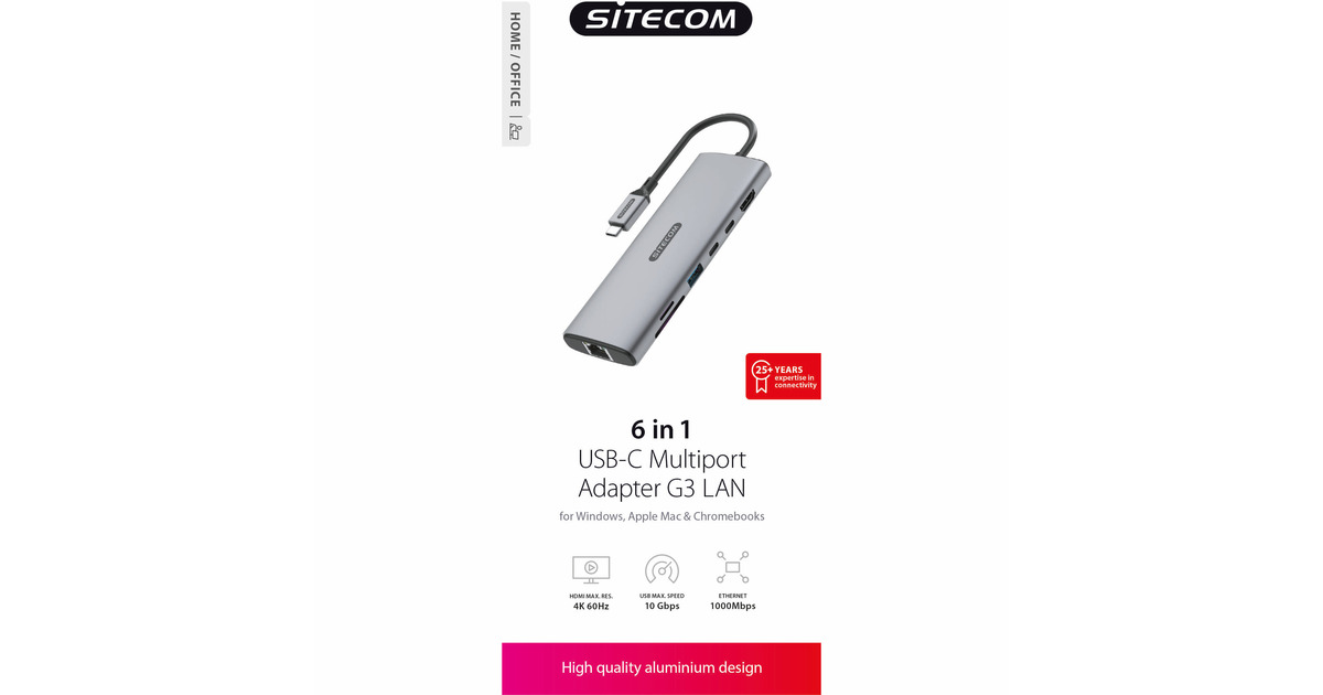 Sitecom6 in 1 USB-C Multiport Adapter LAN dockingstation  (Grijs)