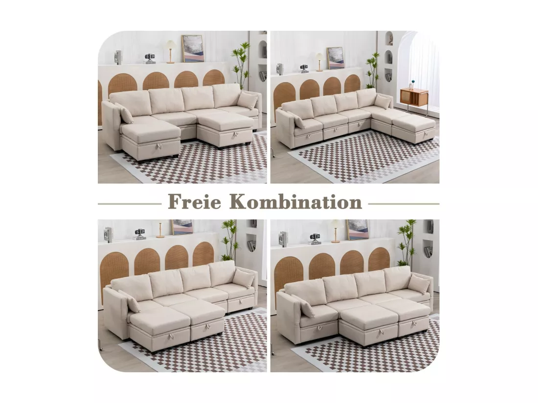 Canapé modulable 6 places convertible, en lin, avec rangement et accoudoirs réglables, 280x140x85cm, Beige