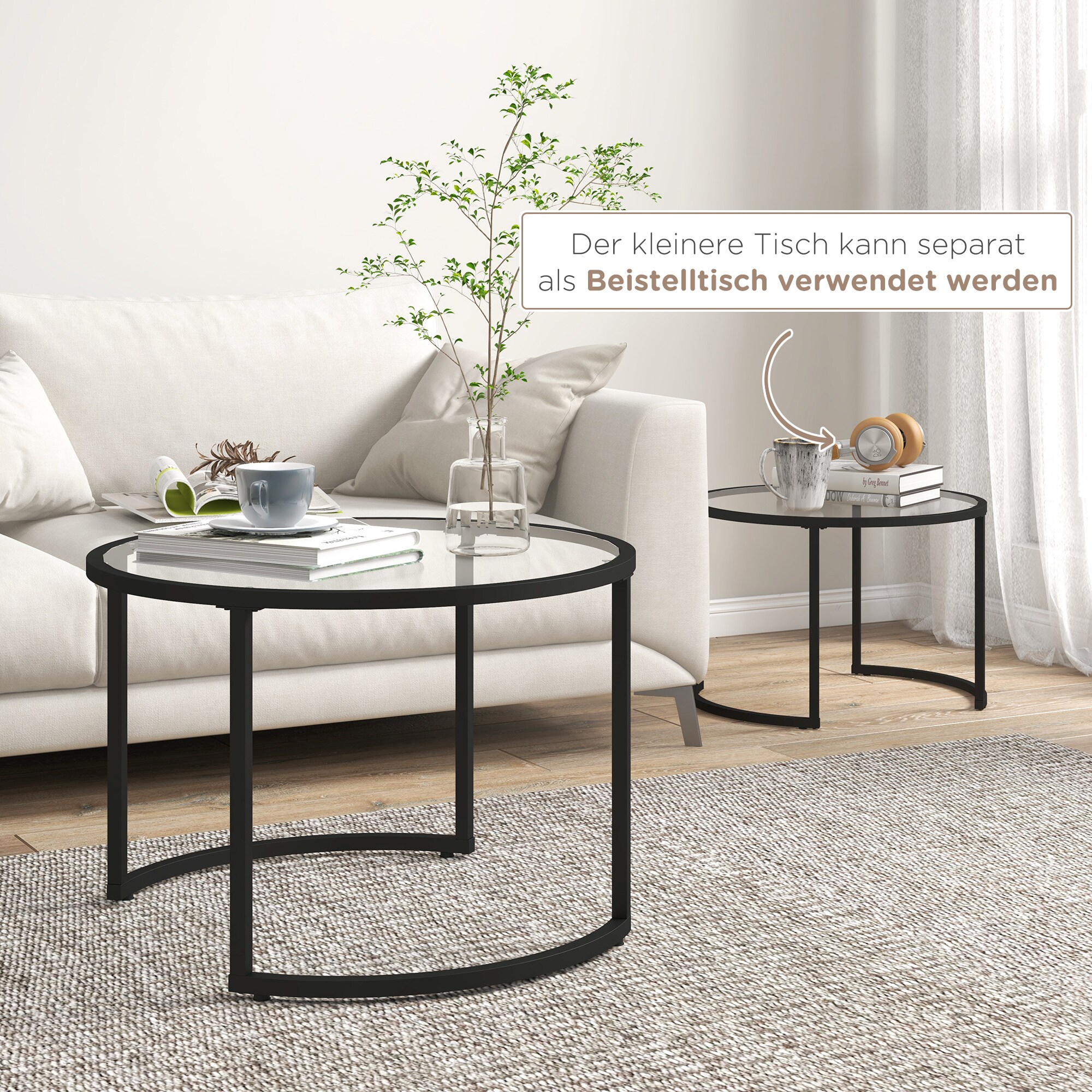 HOMCOM Couchtisch-Set mit Fußstützen schwarz 70L x 70B x 47,5H cm