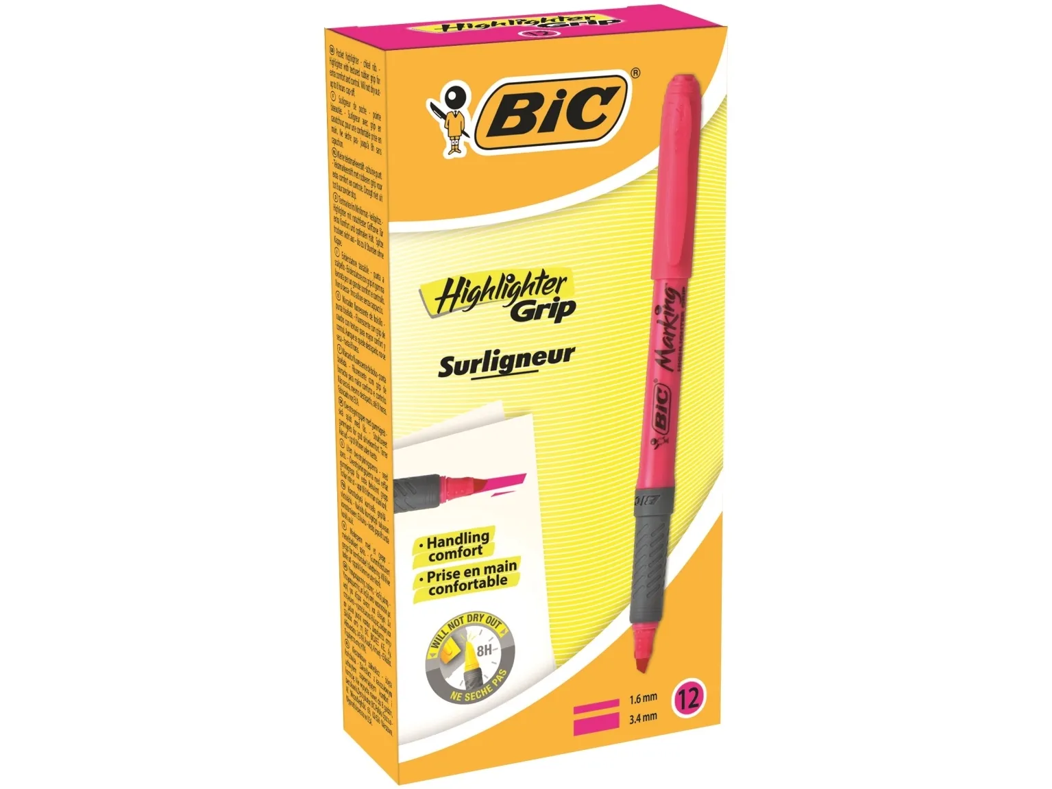 Overstregningspen BIC Highlighter Grip pink med skrå spids - (12 stk.)